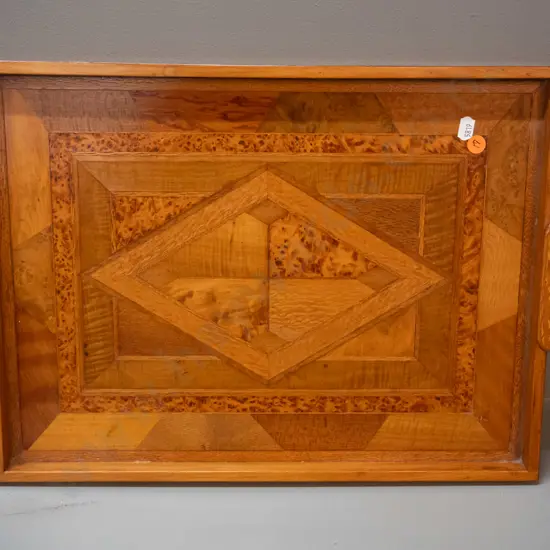 handled tray with mixed timber inlay design including figured bird's eye panels L-470 W-330