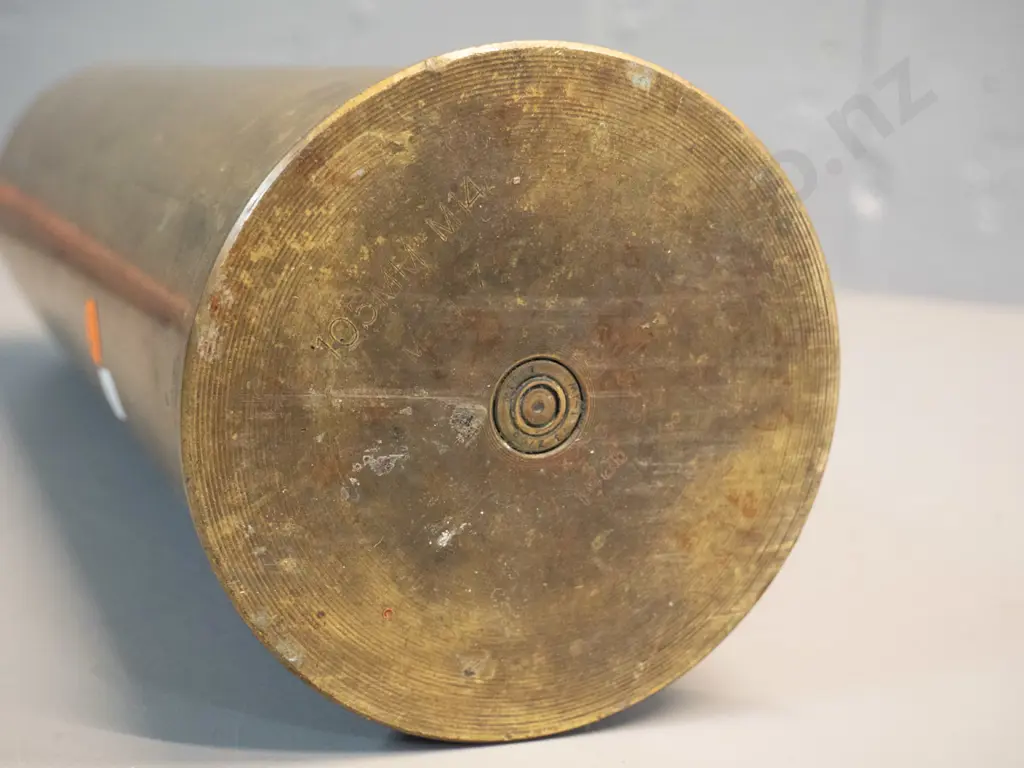 large brass shell casing - marked 105mm M14, dent on top rim. H-370 D-110 Image 1++