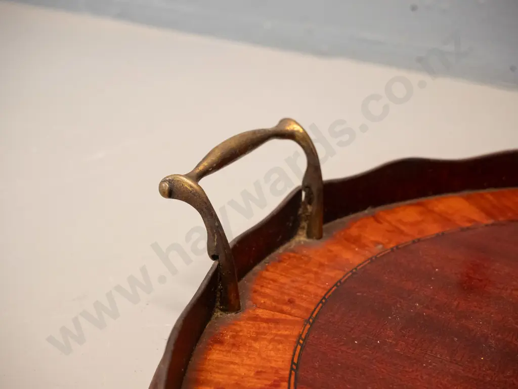 large oval timber tray with scalloped timber gallery, brass handles, inlaid stringing decoration - some marks to polish Image 1++