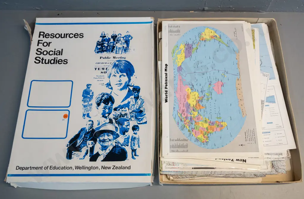 assorted maps, some laminated in a Department of Education Resources for Social Study box L-520 W-390 Image 1++