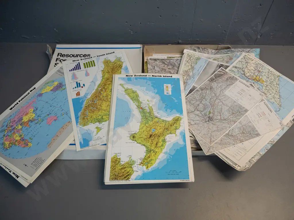 assorted maps, some laminated in a Department of Education Resources for Social Study box L-520 W-390 Image 1++