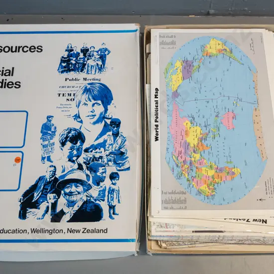 assorted maps, some laminated in a Department of Education Resources for Social Study box L-520 W-390