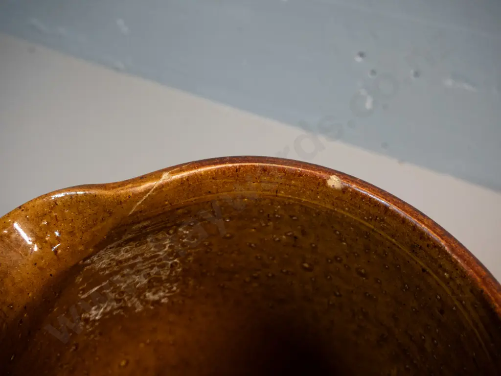 brown glazed large pouring crock / jug - marked Luke Adams Christchurch - crack near spout, chip to rim H-270 W-200 Image 1++