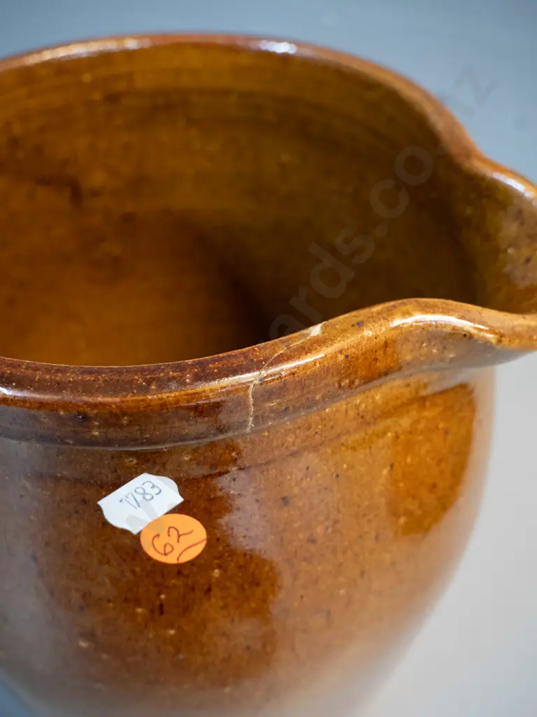 brown glazed large pouring crock / jug - marked Luke Adams Christchurch - crack near spout, chip to rim H-270 W-200 Image 1++