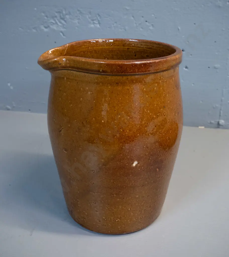 brown glazed large pouring crock / jug - marked Luke Adams Christchurch - crack near spout, chip to rim H-270 W-200 Image 1++