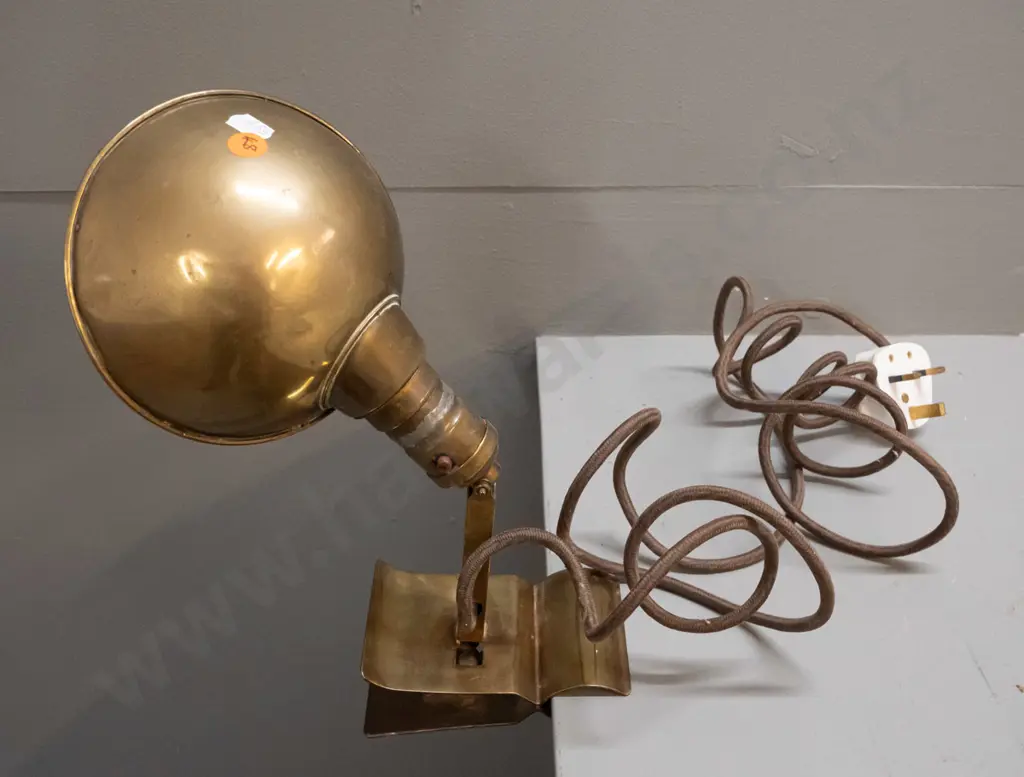 vintage brass clip on work lamp, has had soldered repair and has UK plug - untested. L-300 Shade is D-140 Image 1++