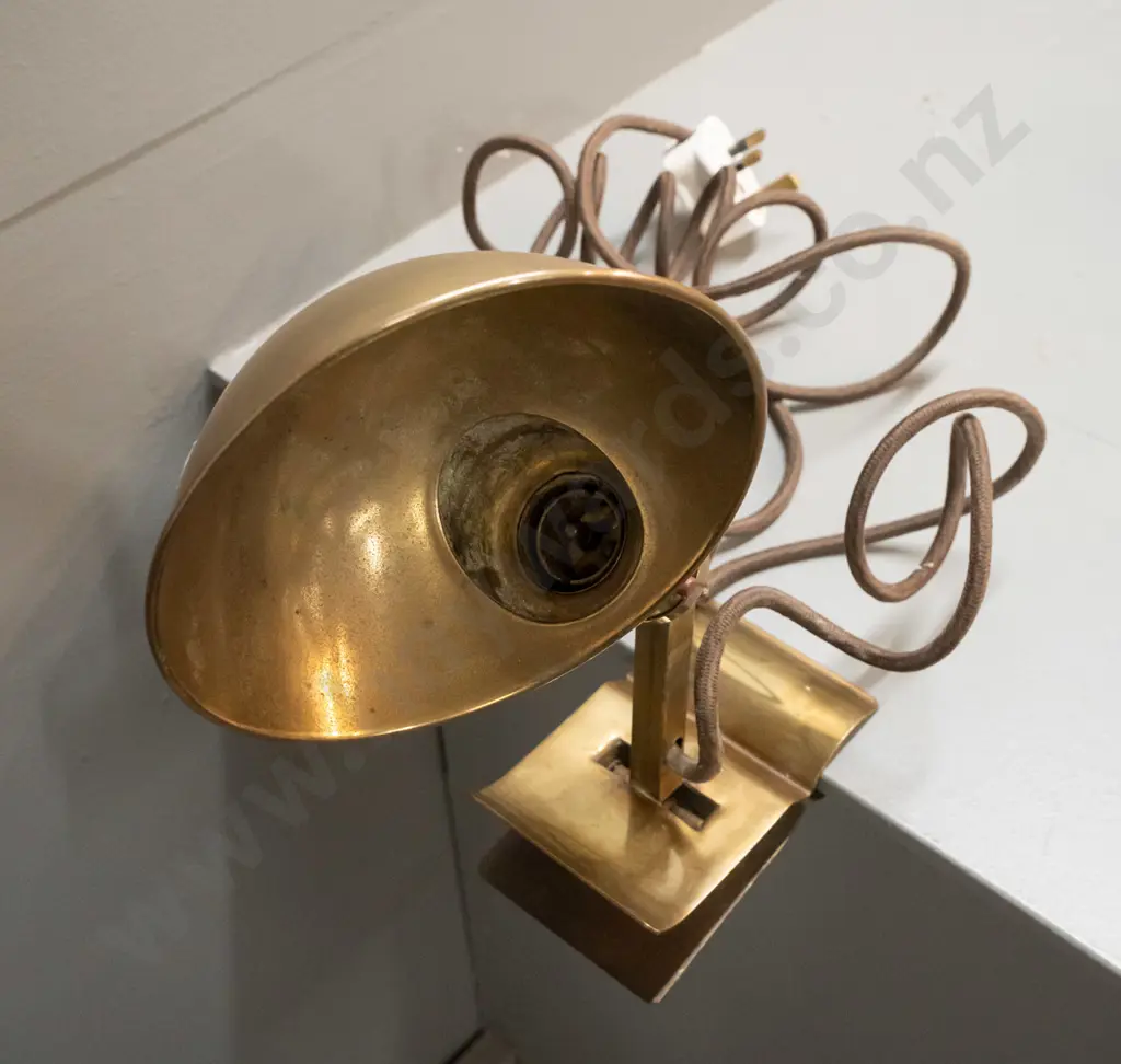 vintage brass clip on work lamp, has had soldered repair and has UK plug - untested. L-300 Shade is D-140 Image 1++