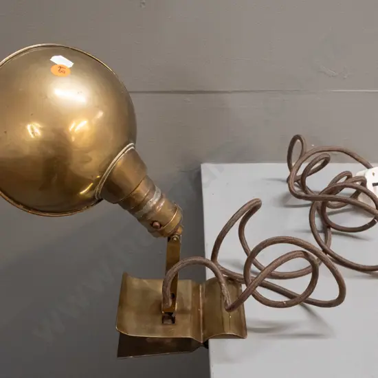 vintage brass clip on work lamp, has had soldered repair and has UK plug - untested. L-300 Shade is D-140