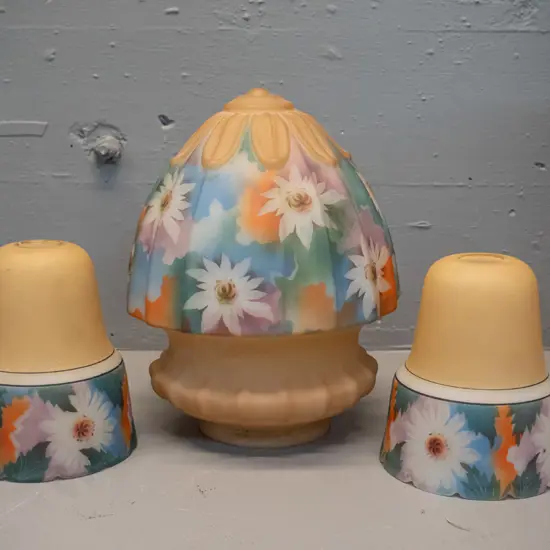 3 matching vintage scalloped edge frosted glass light shades in floral and peach tones - larger is H-270 D-200 at widest