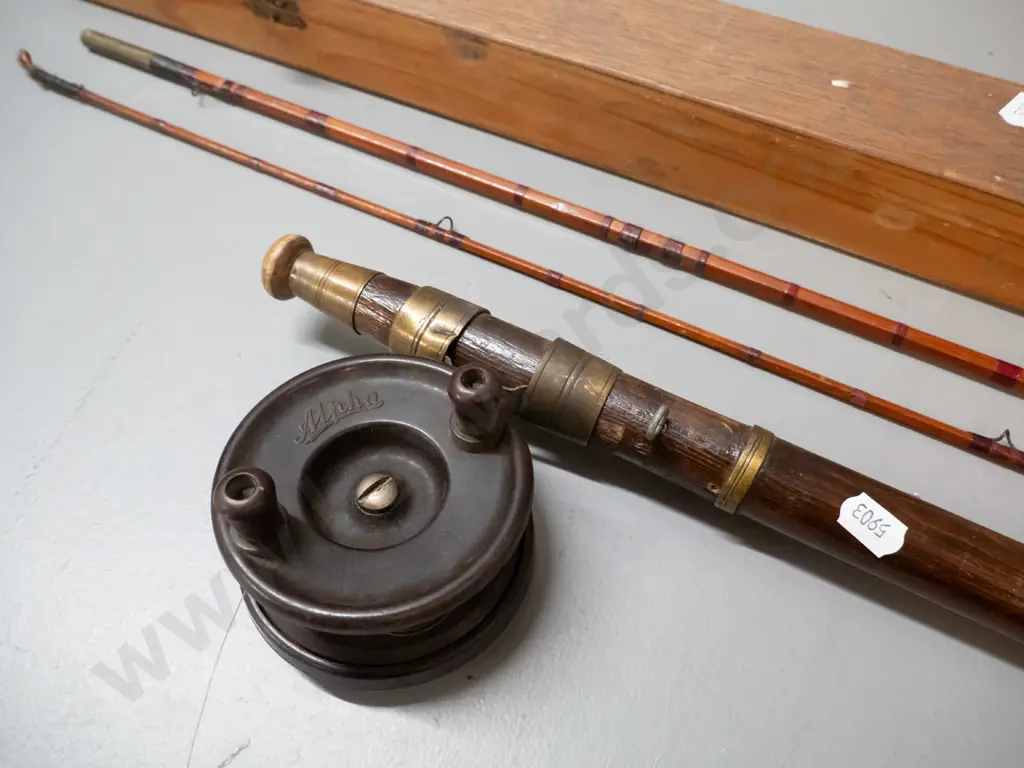 vintage split cane 3-piece fishing rod (hand piece non matching) with bakelite "The Alpha" fly reel w/ timber box L860 Image 1++
