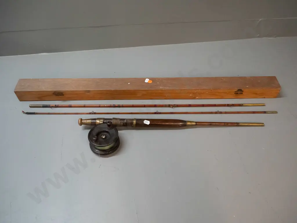 vintage split cane 3-piece fishing rod (hand piece non matching) with bakelite "The Alpha" fly reel w/ timber box L860 Image 1++