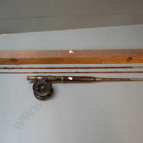 vintage split cane 3-piece fishing rod (hand piece non matching) with bakelite "The Alpha" fly reel w/ timber box L860