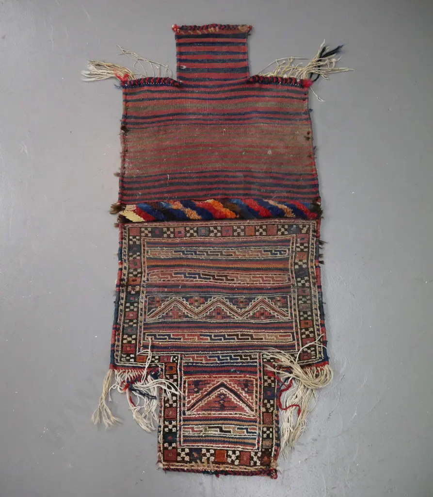 hand-knotted flat weave wool salt bag - multi colour, long fringes, has been opened to single layer L-1200 W-510 Image 1++