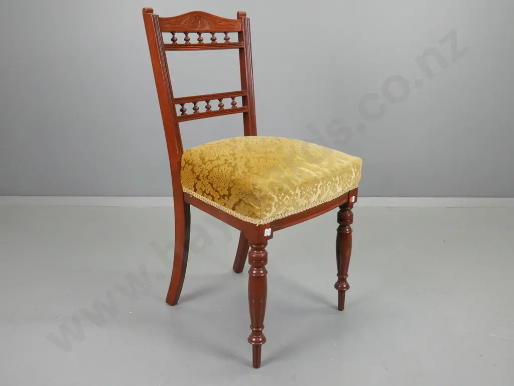 Edwardian bedroom chair with turned gallery back, carved rail, embossed gold upholstery H-870 W-440 D-390 Image 1++