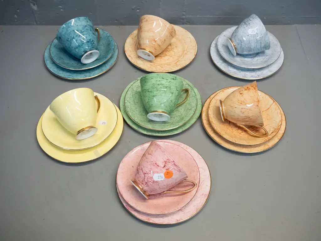 set of 6 Royal Albert 'Gossamer' mixed colour trios, with extra cup and plate Image 1++