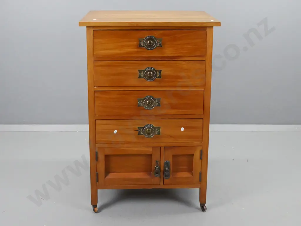 vintage rimu tallboy with 4 drawers, 2 panelled cupboard doors, arts & crafts style metal handles, mismatched on Image 1++