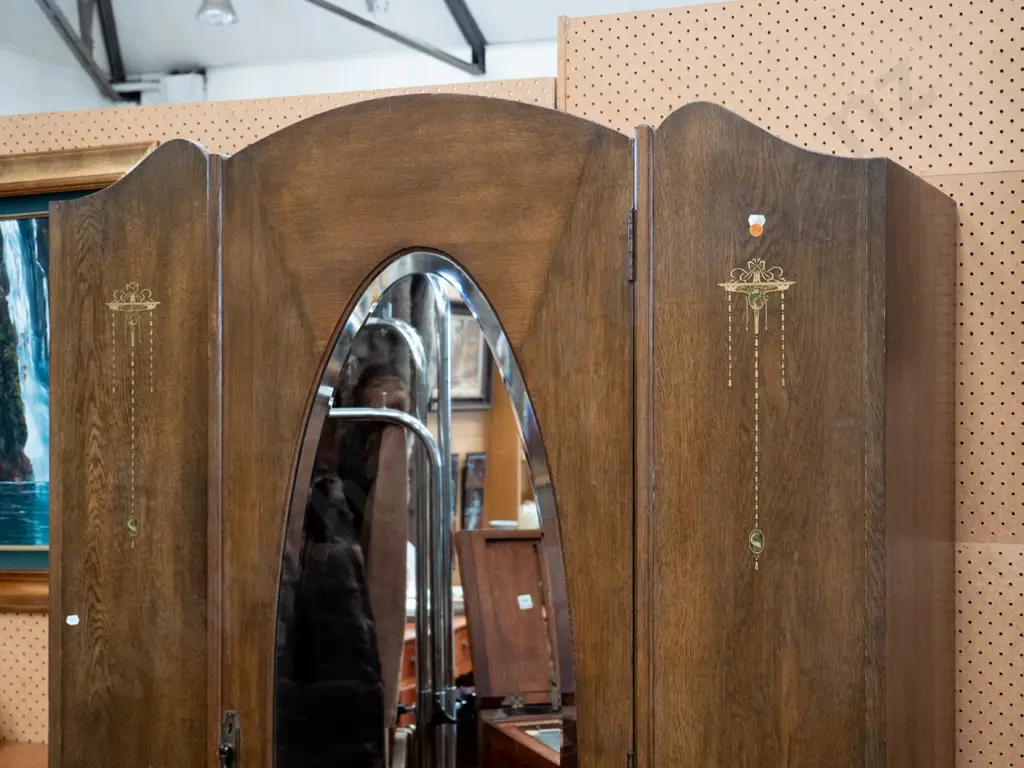 vintage oak single door wardrobe with oval bevelled edge mirror, boot drawer, drop handles, faux inlay transfer Image 1++
