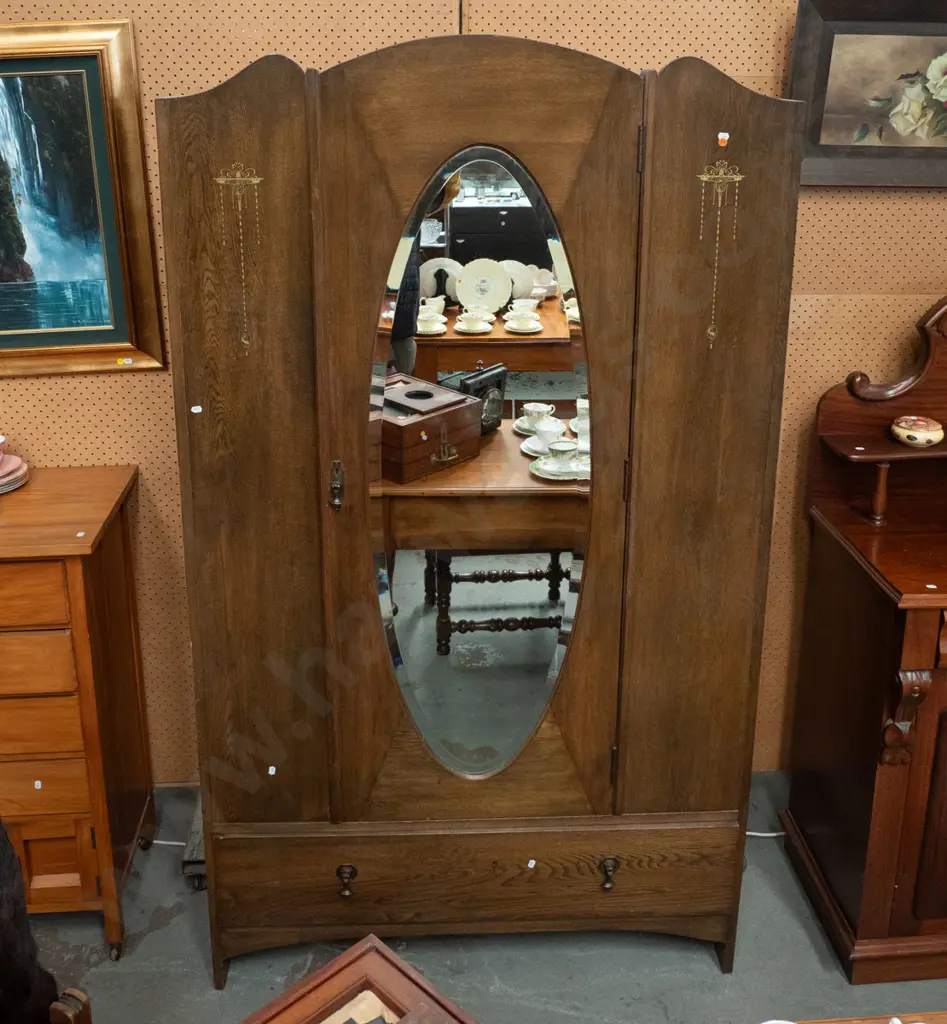 vintage oak single door wardrobe with oval bevelled edge mirror, boot drawer, drop handles, faux inlay transfer Image 1++