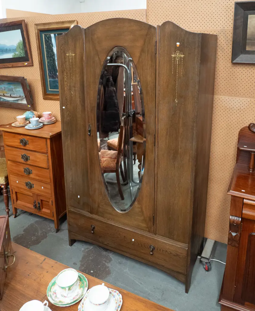 vintage oak single door wardrobe with oval bevelled edge mirror, boot drawer, drop handles, faux inlay transfer Image 1++