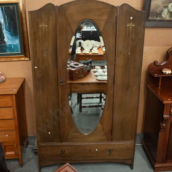 vintage oak single door wardrobe with oval bevelled edge mirror, boot drawer, drop handles, faux inlay transfer