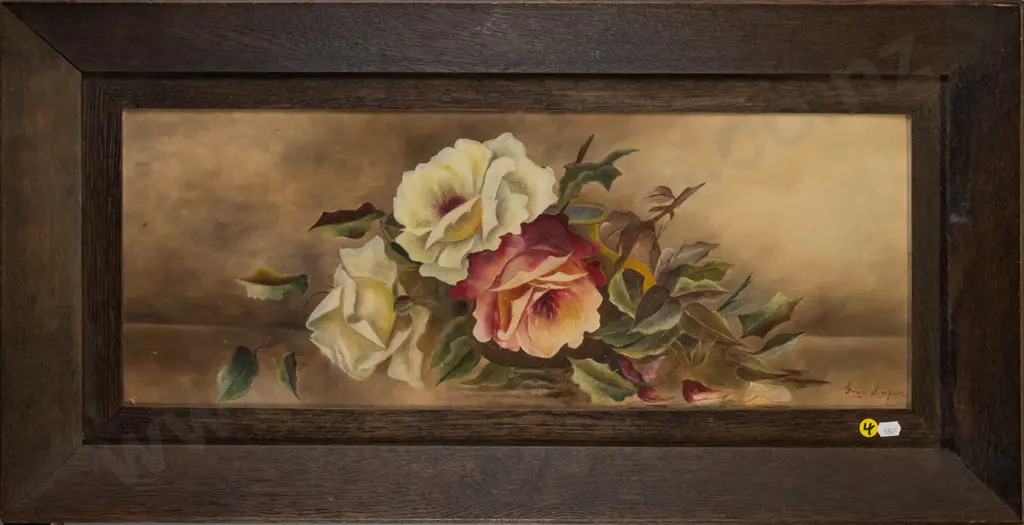 Grace Simpson oak framed oil roses H-230 W-600 Image 1++