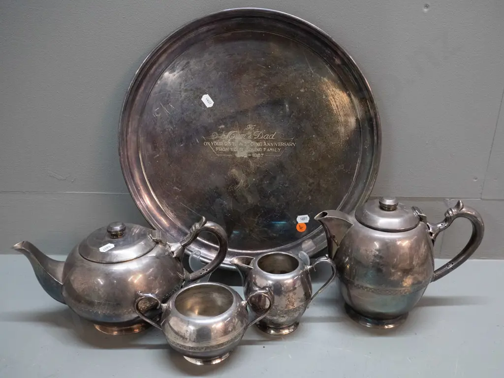 plated tea set & round tray with 1967 anniversary inscription - scratching and wear Image 1++