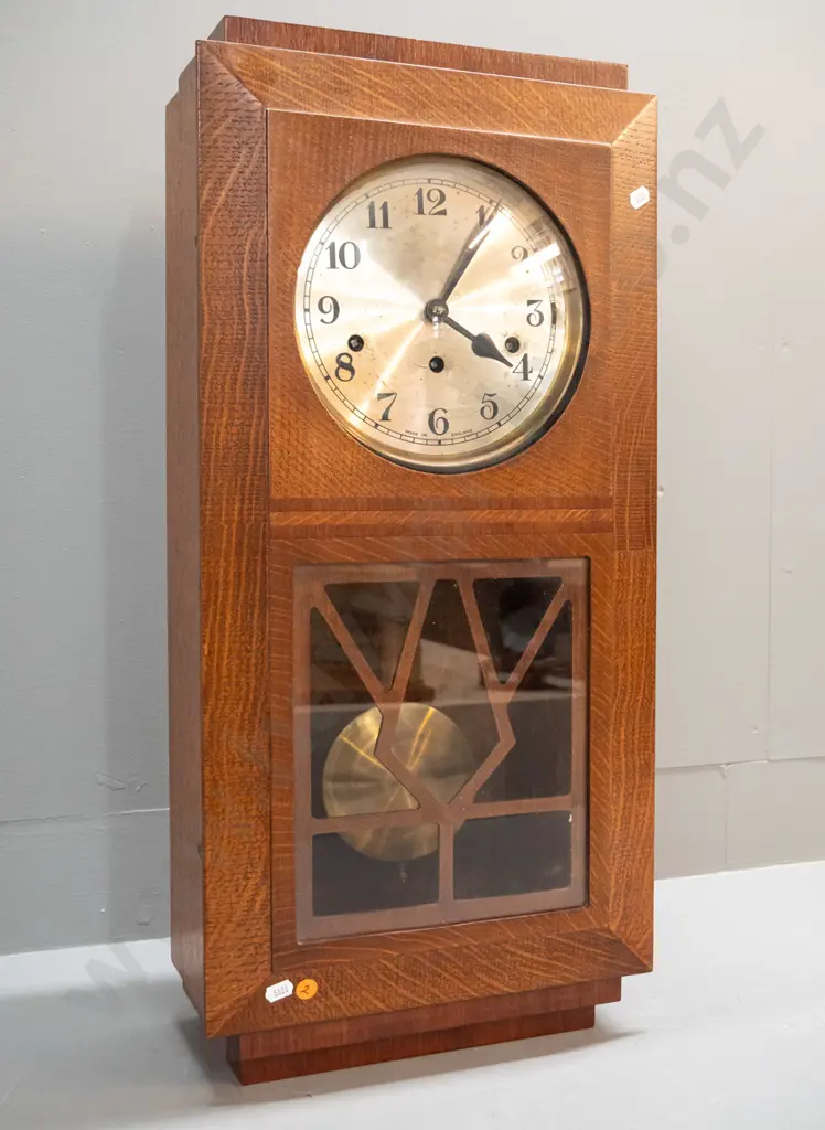 oak cased deco style wall clock - English made, movement is Norland - some scratches to face, no key, has had chime bars Image 1++