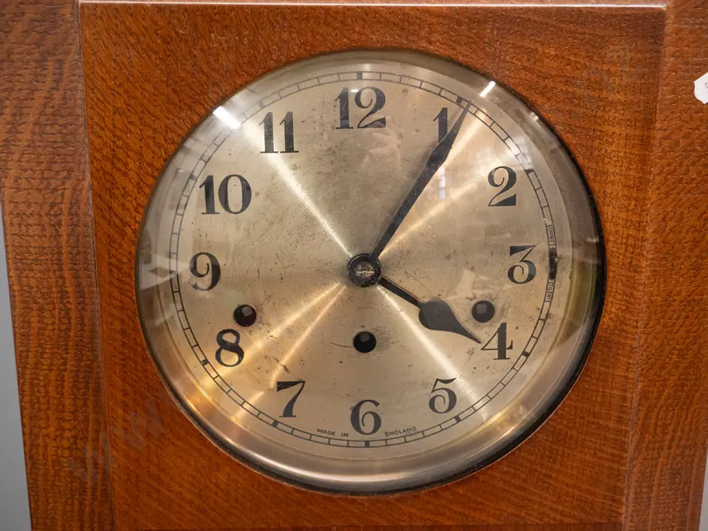 oak cased deco style wall clock - English made, movement is Norland - some scratches to face, no key, has had chime bars Image 1++