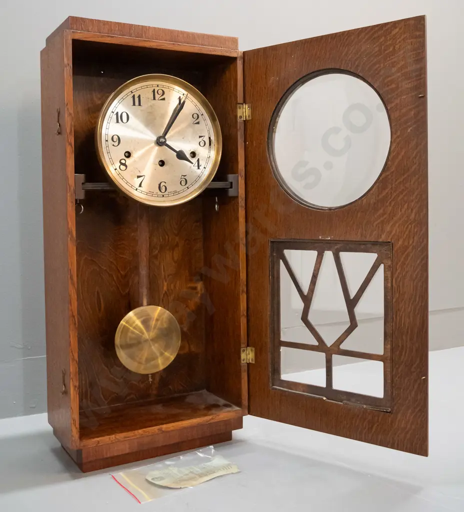oak cased deco style wall clock - English made, movement is Norland - some scratches to face, no key, has had chime bars Image 1++