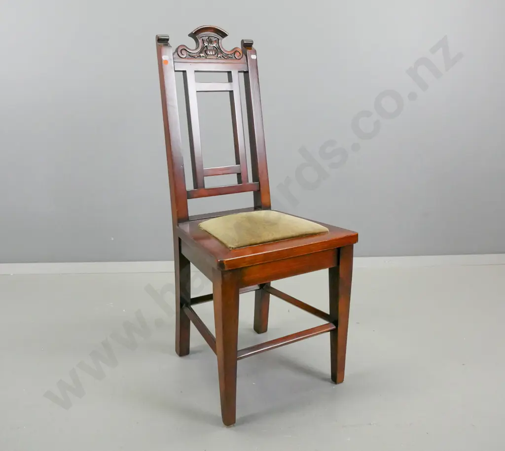 vintage dark stained bedroom chair with carved back cresting, pop out green upholstered seat, H-960 W-400 D-390 Image 1++
