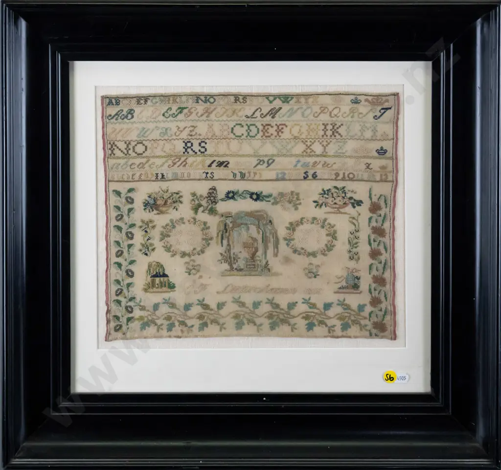 framed early needlework 1818 (some aging) H-270 W-310 Image 1++
