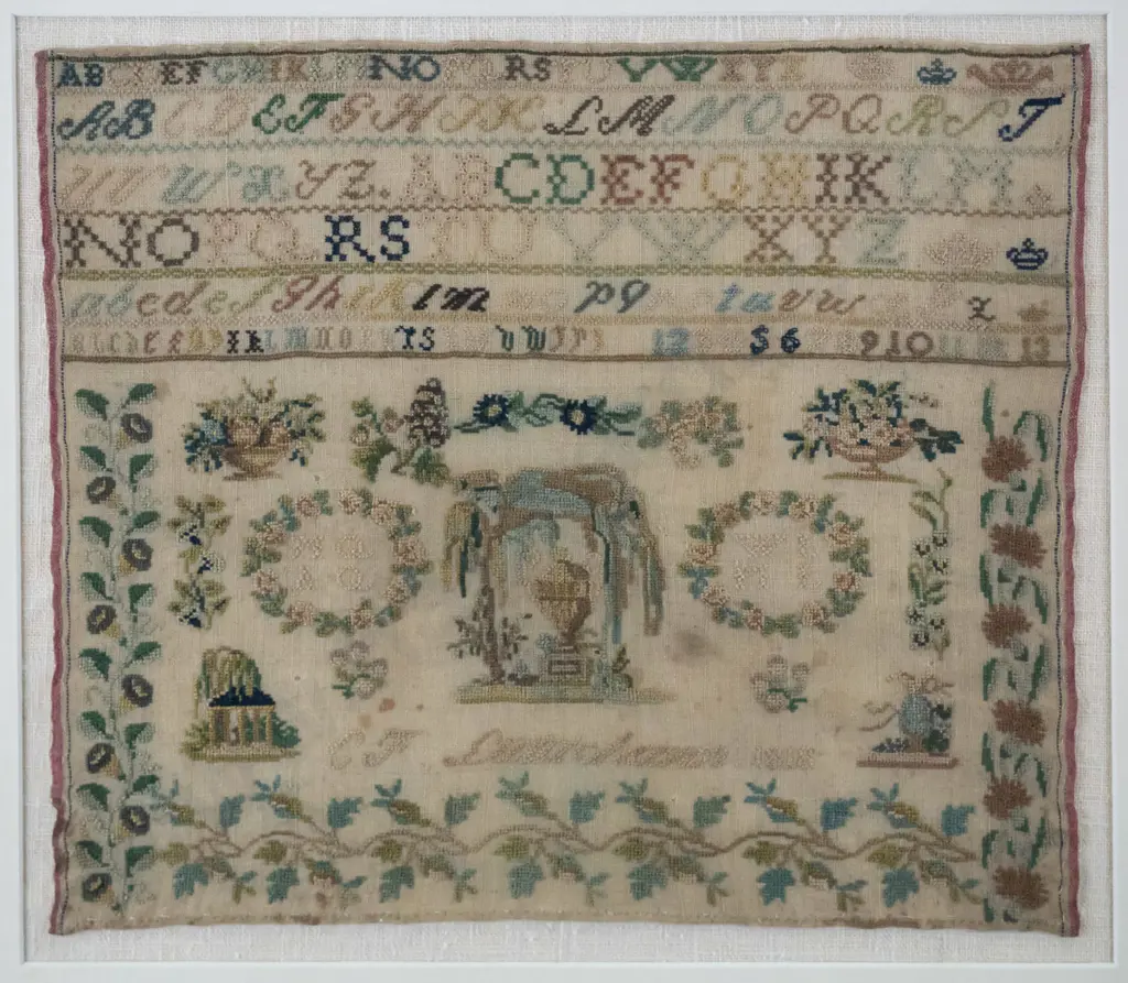 framed early needlework 1818 (some aging) H-270 W-310 Image 1++