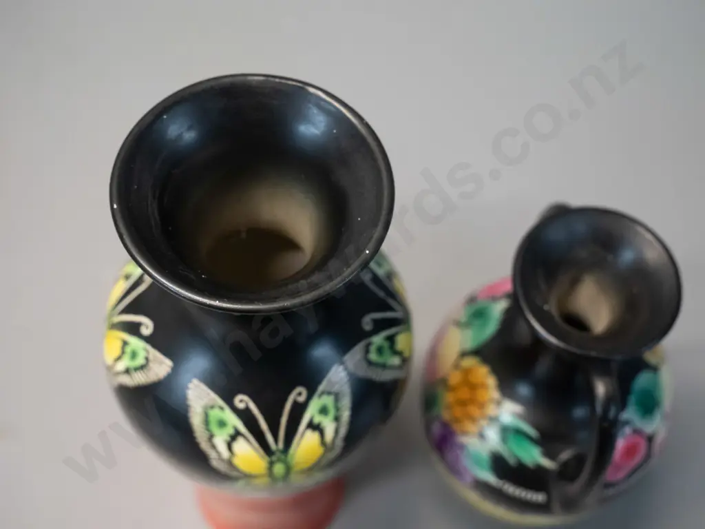 2 vintage Shelley vases - yellow & black is double handled, taller red & black has slight fleck to rim H-170 Image 1++