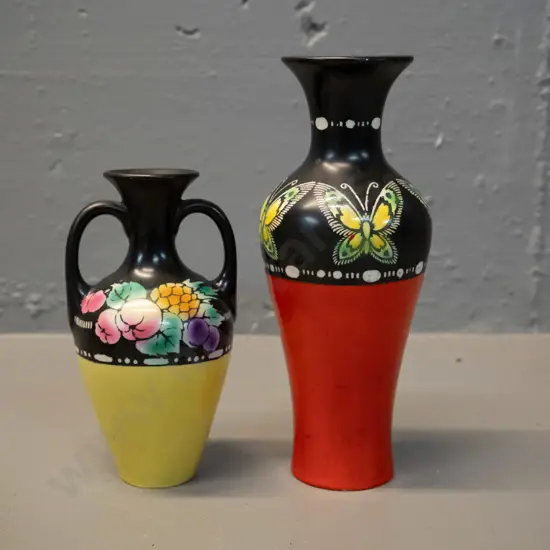 2 vintage Shelley vases - yellow & black is double handled, taller red & black has slight fleck to rim H-170