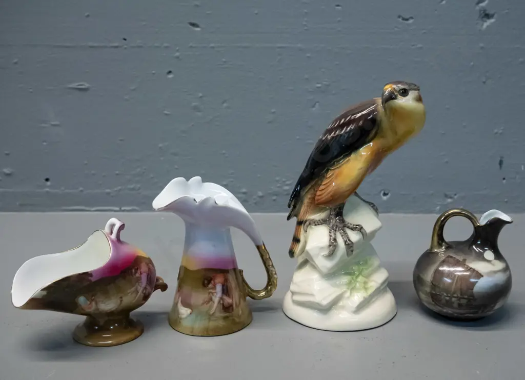 3 Bavarian china items - 2 jugs and a scuttle and a West German bird figurine H-160 with chip to bottom rim Image 1++