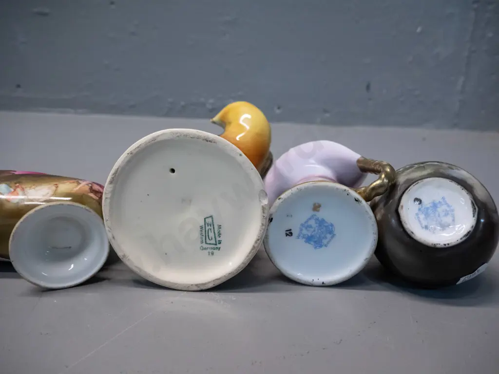 3 Bavarian china items - 2 jugs and a scuttle and a West German bird figurine H-160 with chip to bottom rim Image 1++