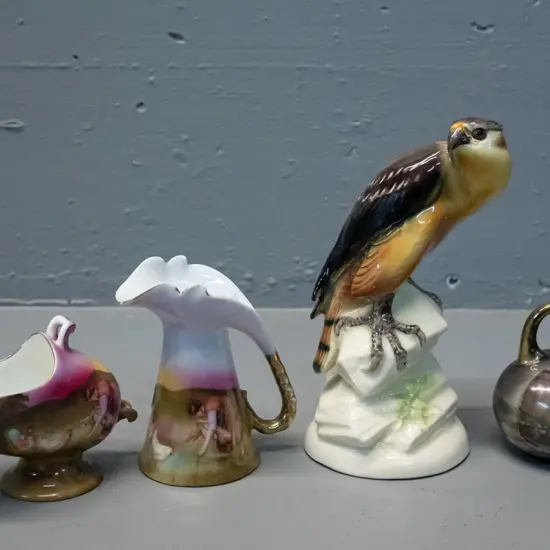 3 Bavarian china items - 2 jugs and a scuttle and a West German bird figurine H-160 with chip to bottom rim