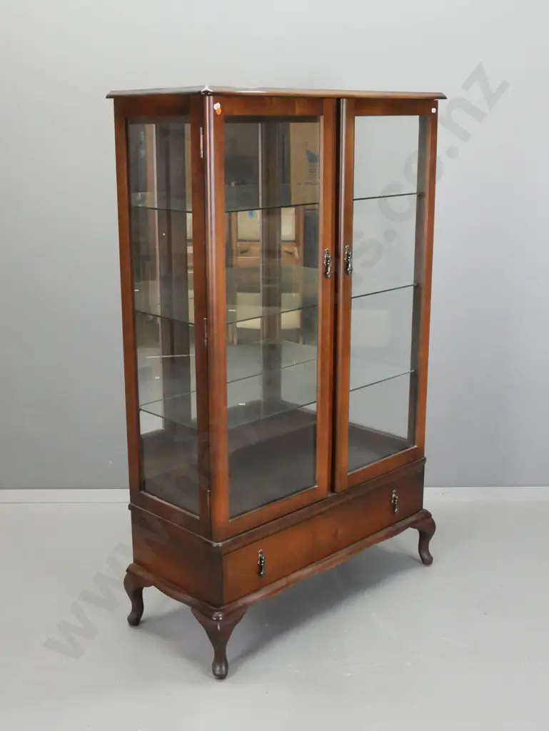 reproduction 2 door mirrored back display case with glazed sides, 3 glass shelves, bottom drawer, shaped front, on short Image 1++