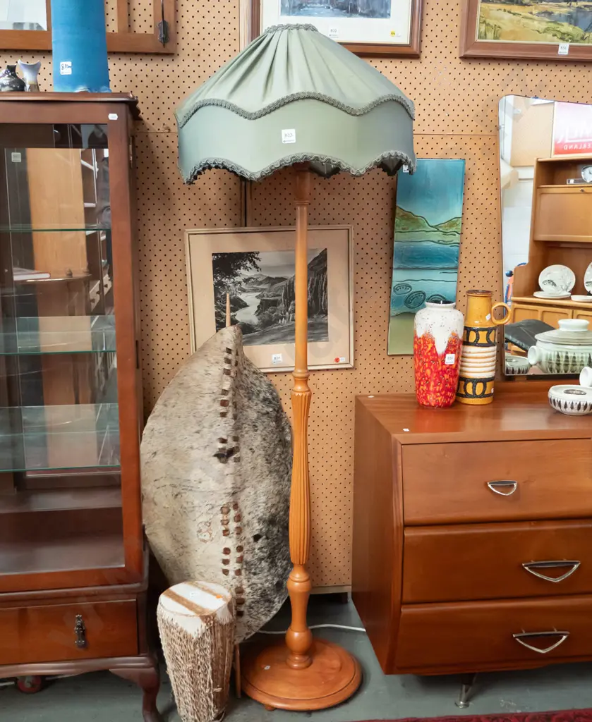 vintage rimu and beech standard lamp with fluted turned column, circular base 3 bun feet, shaped & pleated green fabric Image 1++