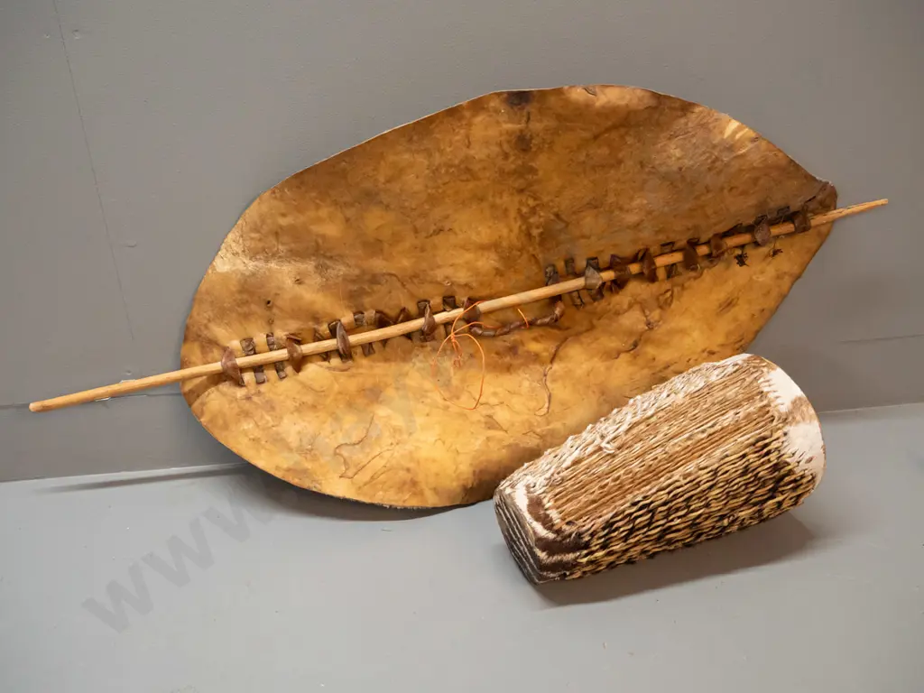 African animal hide and timber shield L-1000 W-460 and small drum Image 1++