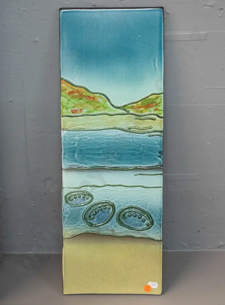 Morris & James Matakana NZ ceramic scenic wall tile plaque - marked "Paua Coast" And A. Sand on back H-510 W-175 Image 1++