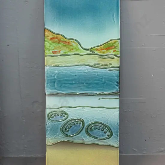 Morris & James Matakana NZ ceramic scenic wall tile plaque - marked "Paua Coast" And A. Sand on back H-510 W-175