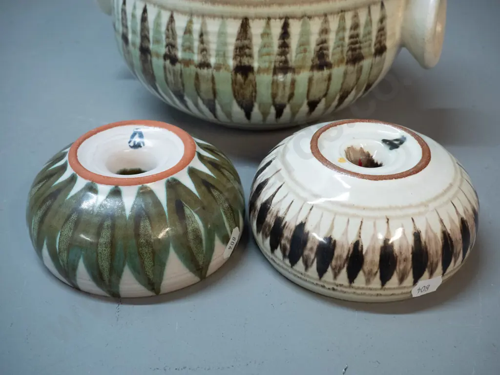 3 Hanmer pottery items - lidded casserole H-185 W-250 and 2 candle holders Image 1++