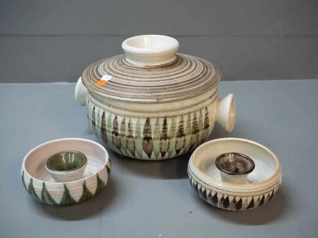 3 Hanmer pottery items - lidded casserole H-185 W-250 and 2 candle holders Image 1++