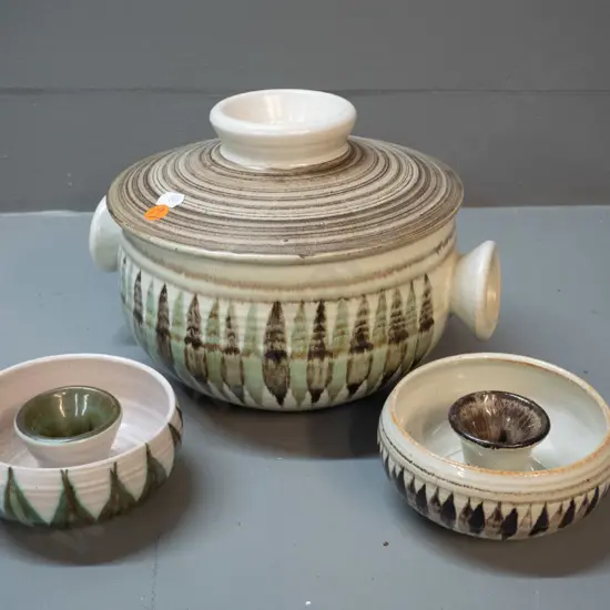 3 Hanmer pottery items - lidded casserole H-185 W-250 and 2 candle holders