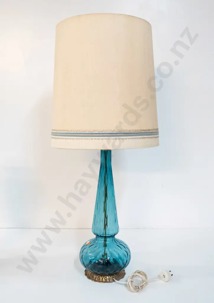retro blue glass lamp base on brass foot, shade w/blue trim. Base H-470 Combined H-850 Image 1++