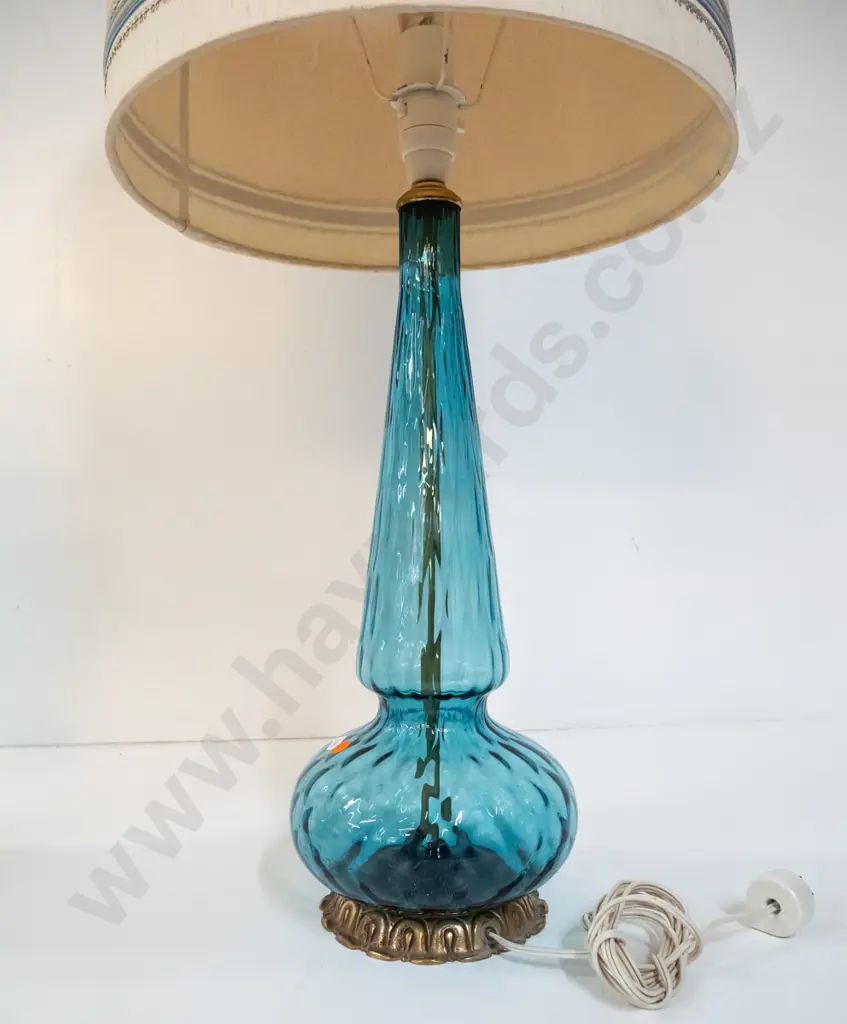 retro blue glass lamp base on brass foot, shade w/blue trim. Base H-470 Combined H-850 Image 1++