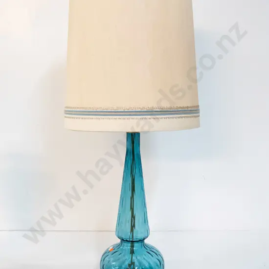 retro blue glass lamp base on brass foot, shade w/blue trim. Base H-470 Combined H-850