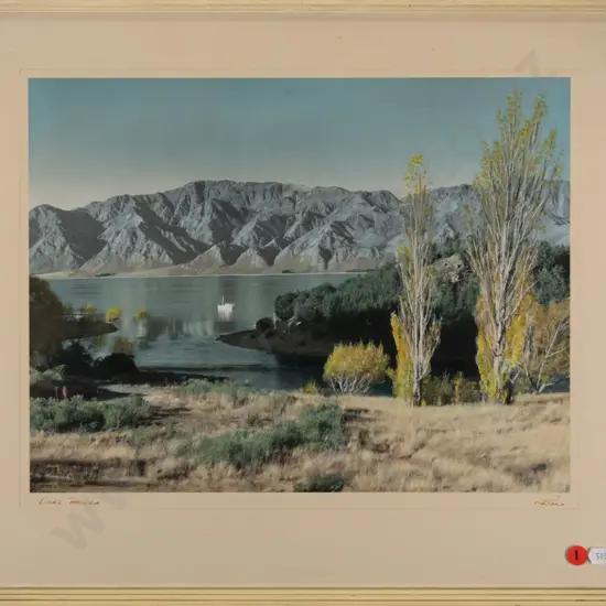 framed Whites Aviation hand coloured photograph - Lake Hawea H-290 W-370