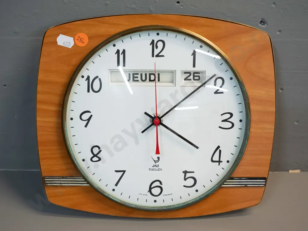 retro faux timber, brass & glass cased 'Jaz' French calendar wall clock with battery powered movement Image 1++